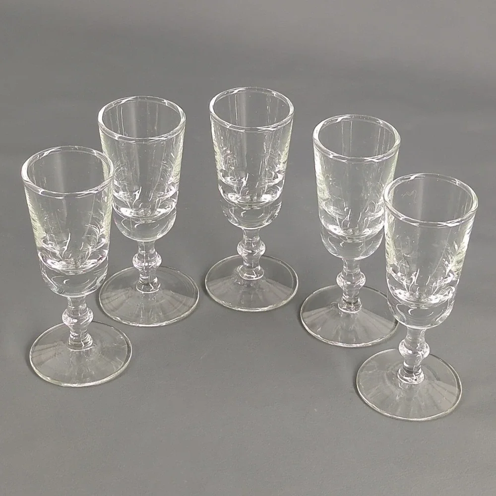 Vintage Clear Glass Paneled Cordial Glasses Multi Knop Stem, 3.9in, Set of 5